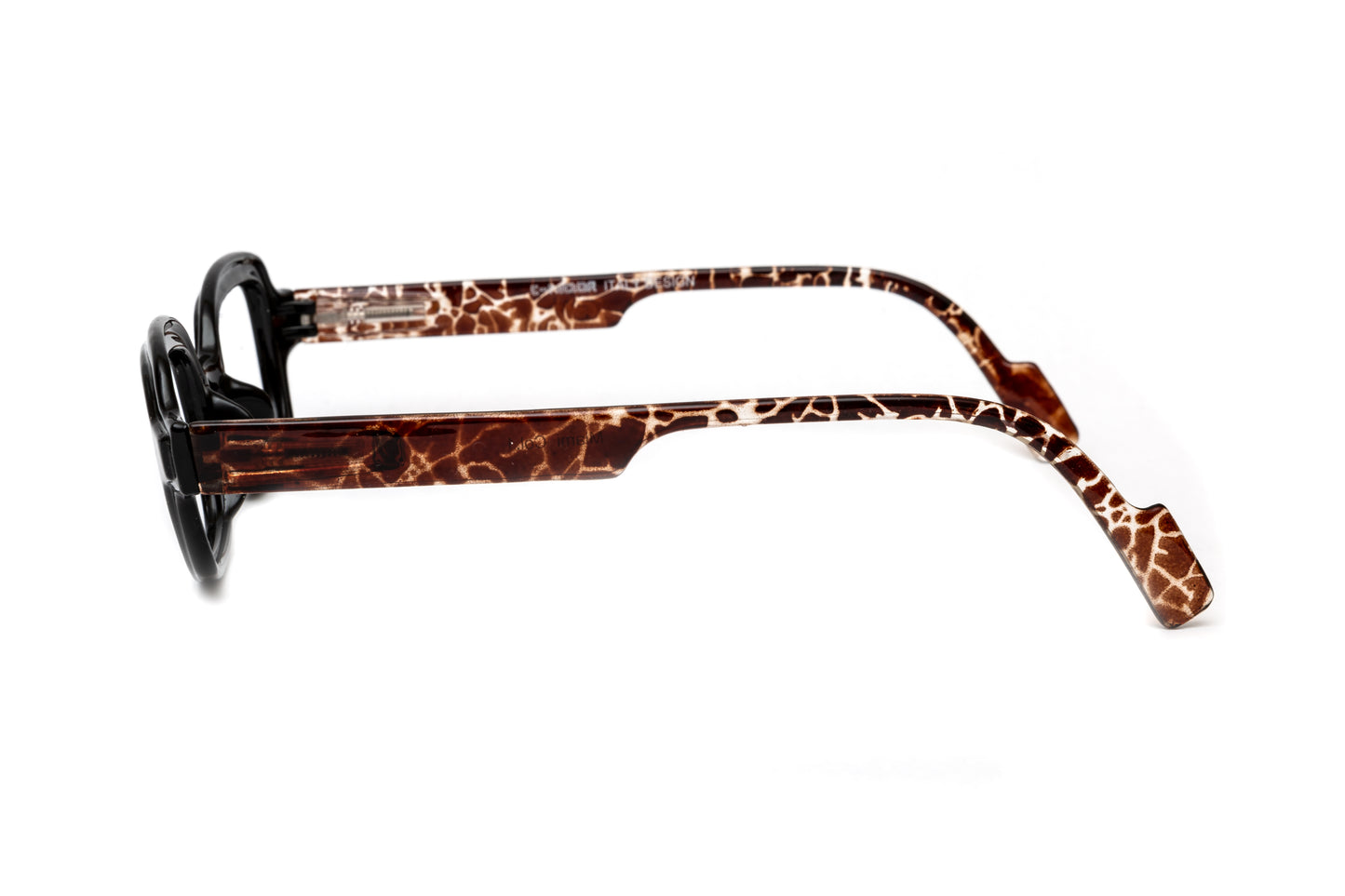 Square funky unisex reading glasses featuring a bold black frame with vibrant animal print accents, showcasing a unique and playful design