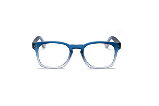 Men’s square reading and blue light glasses with a pantos-shaped nose bridge in a gradient blue finish, fading from dark at the top to lighter at the bottom, displayed on a white background. The smooth rubberized matte texture and clean lines give the frame a modern, masculine, and sophisticated look.