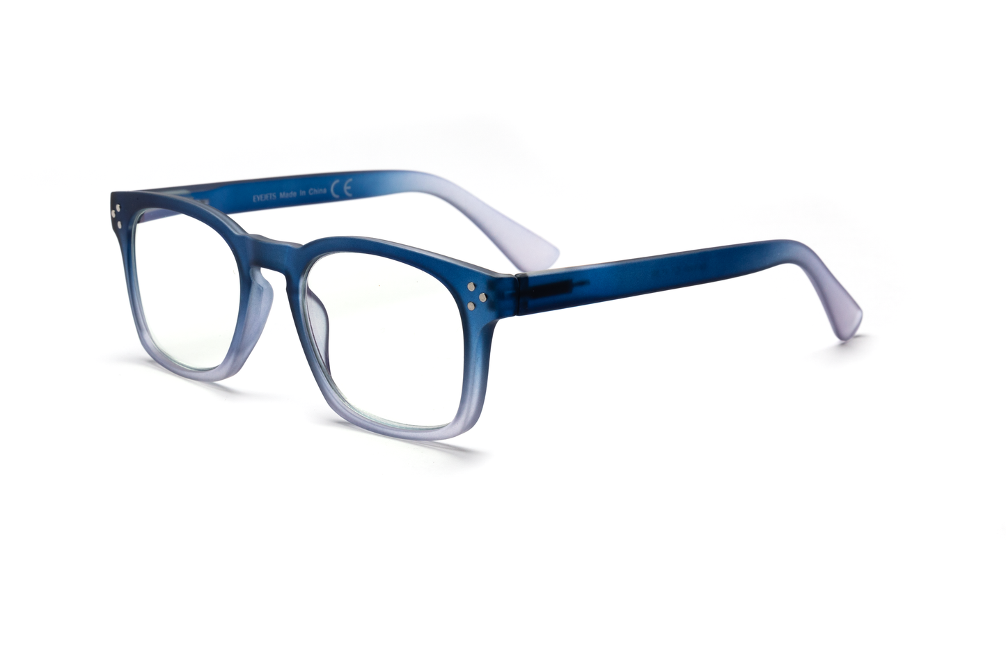 Men’s square reading and blue light glasses with a pantos-shaped nose bridge in a gradient blue finish, fading from dark at the top to lighter at the bottom, displayed on a white background. The smooth rubberized matte texture and clean lines give the frame a modern, masculine, and sophisticated look.