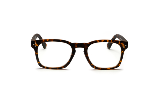 Men’s square reading and blue light glasses with a pantos-shaped nose bridge in a matte tortoise finish displayed on a white background. The smooth rubberized matte texture and clean lines give the frame a modern, masculine, and sophisticated look.
