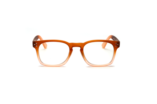 Men’s square reading and blue light glasses with a pantos-shaped nose bridge in a matte gradient apricot finish, displayed on a white background. The smooth rubberized texture and clean lines give the frame a modern, masculine, and stylish look.