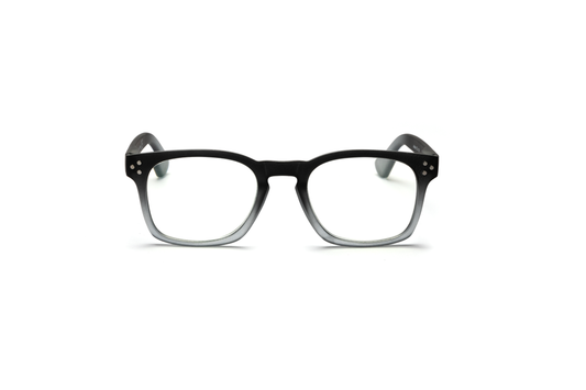 Men’s square reading and blue light glasses with a pantos-shaped nose bridge in a gradient black-to-matte-gray finish, displayed on a white background. The smooth rubberized texture and clean lines give the frame a modern, masculine, and sophisticated look.