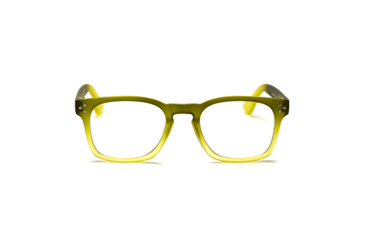 Men’s square reading and blue light glasses with a pantos-shaped nose bridge in a gradient green finish, displayed on a white background. The smooth rubberized matte texture and clean lines give the frame a modern, masculine, and stylish look.