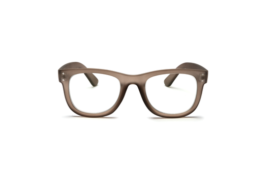 Men’s wayfarer reading and blue light glasses in a muted brown nude finish, displayed on a white background. The classic wayfarer shape with a matte rubberized texture gives a sleek, masculine, and modern look.