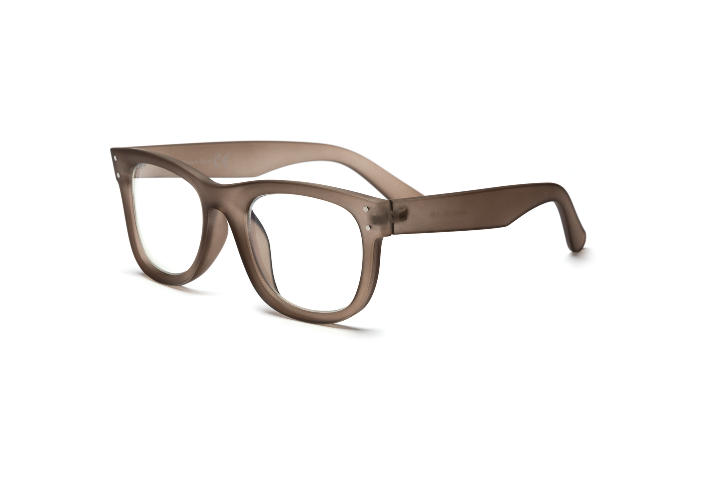 Men’s wayfarer reading and blue light glasses in a muted brown nude finish, displayed on a white background. The classic wayfarer shape with a matte rubberized texture gives a sleek, masculine, and modern look.