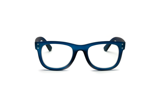 Men’s wayfarer reading and blue light glasses in a matte blue finish, shown on a white background. The bold color and rubberized texture give the classic wayfarer shape a refined, masculine, and modern edge.