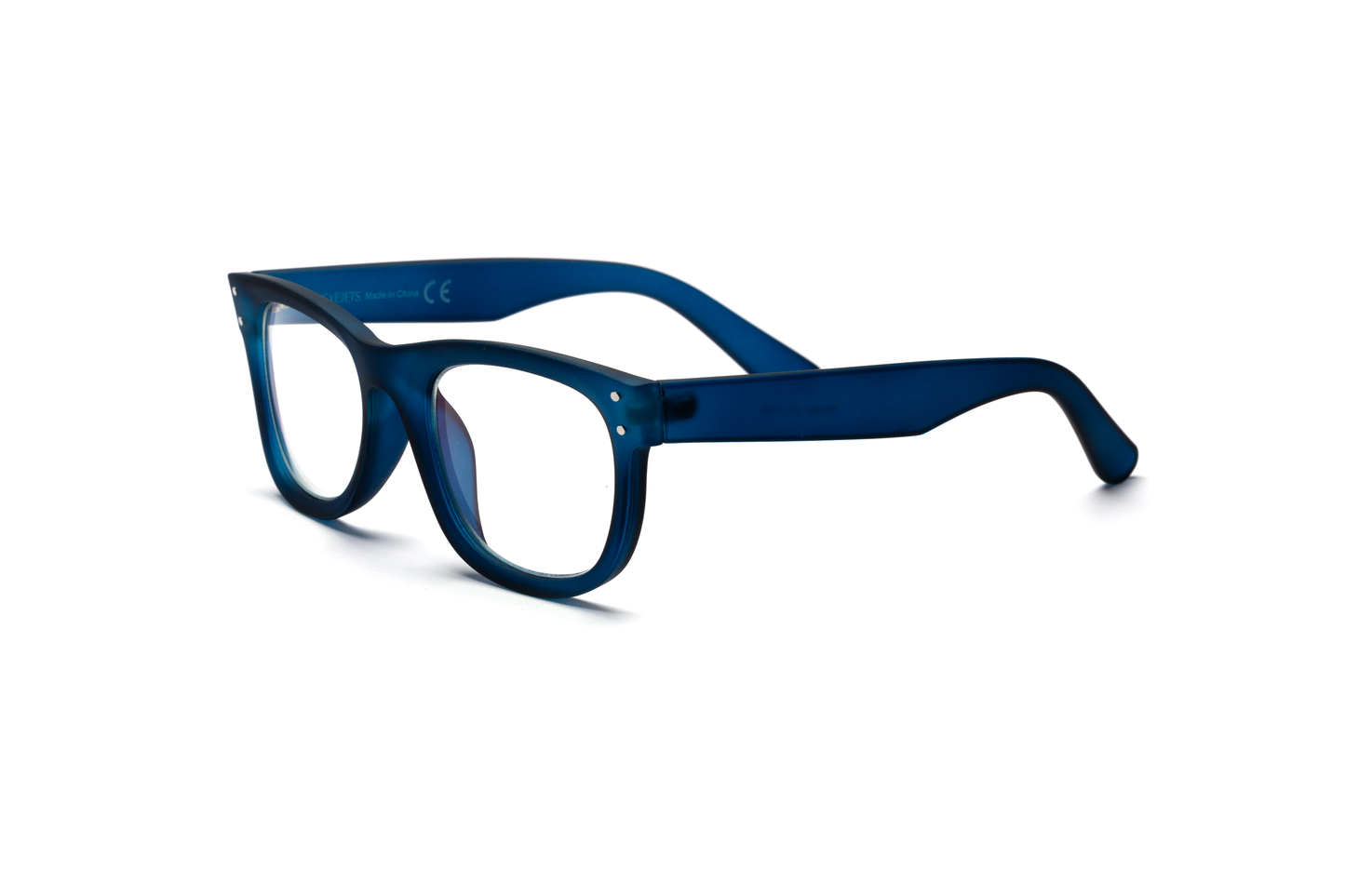 Men’s wayfarer reading and blue light glasses in a matte blue finish, shown on a white background. The bold color and rubberized texture give the classic wayfarer shape a refined, masculine, and modern edge.