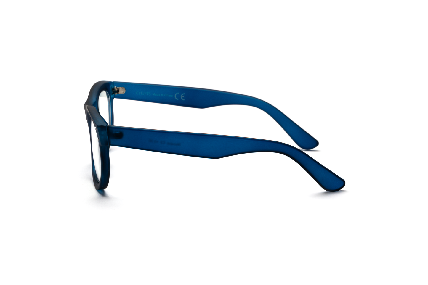 Men’s wayfarer reading and blue light glasses in a matte blue finish, shown on a white background. The bold color and rubberized texture give the classic wayfarer shape a refined, masculine, and modern edge.