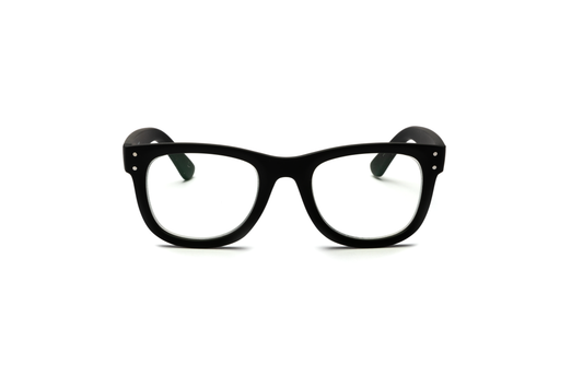 Men’s wayfarer reading and blue light glasses in a matte black finish, displayed on a white background. The clean lines and rubberized texture create a strong, masculine, and timeless look.