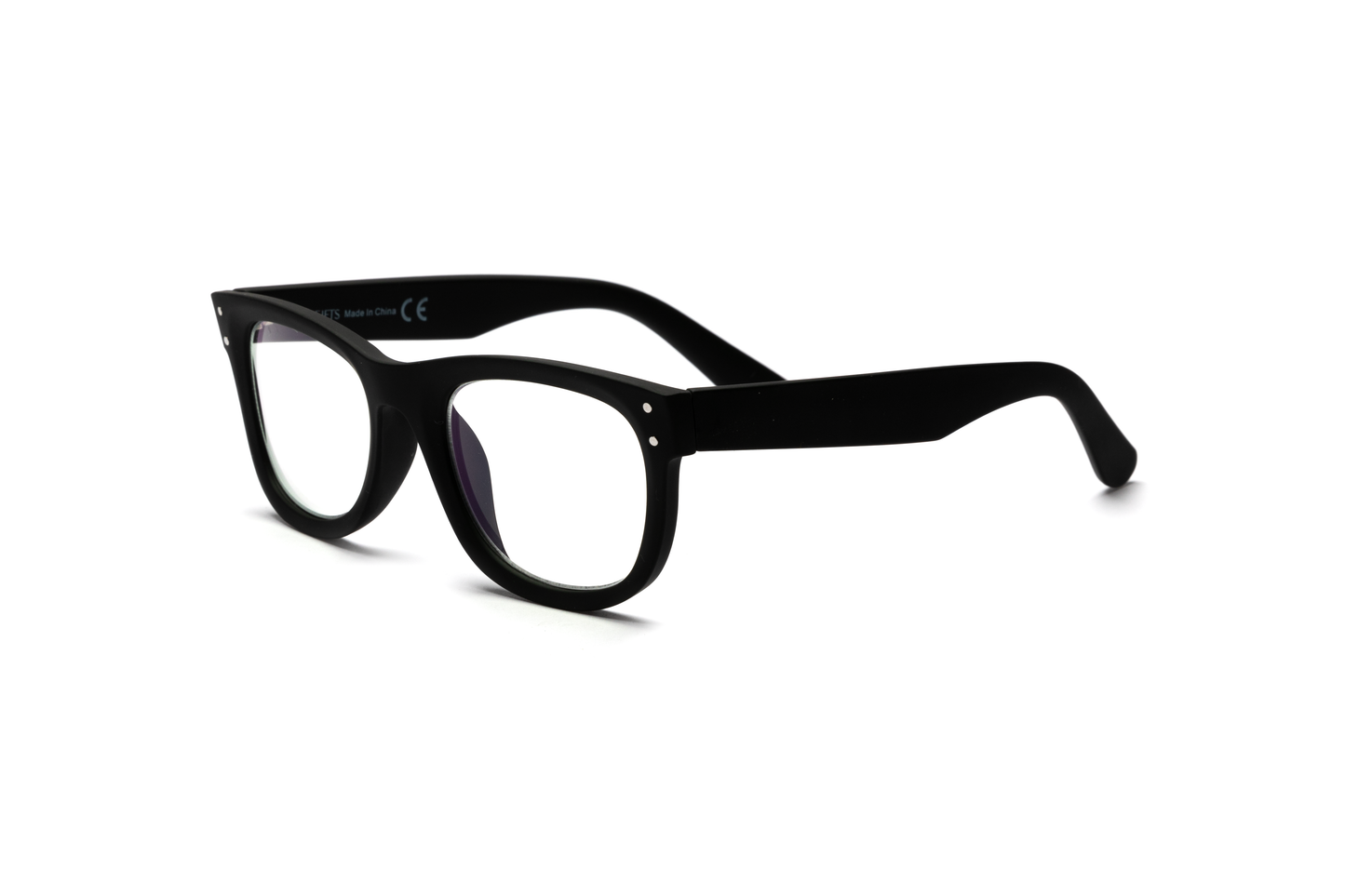 Men’s wayfarer reading and blue light glasses in a matte black finish, displayed on a white background. The clean lines and rubberized texture create a strong, masculine, and timeless look.