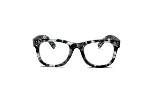 Men’s wayfarer reading and blue light glasses in a matte gray tortoise finish, displayed on a white background. The subtle mix of gray and tortoise tones paired with a rubberized texture gives the classic frame a sleek, masculine, and contemporary feel.