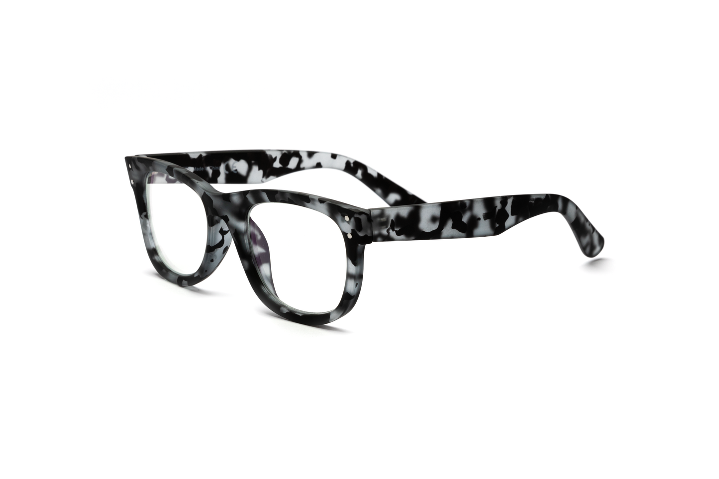 Men’s wayfarer reading and blue light glasses in a matte gray tortoise finish, displayed on a white background. The subtle mix of gray and tortoise tones paired with a rubberized texture gives the classic frame a sleek, masculine, and contemporary feel.