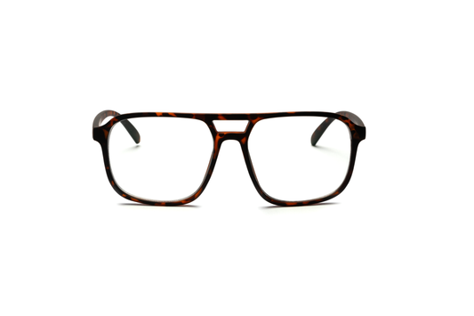 Men’s square aviator reading and blue light glasses in a matte tortoise finish, displayed on a white background. The smooth rubberized texture and structured shape give the frame a bold, modern, and masculine look.