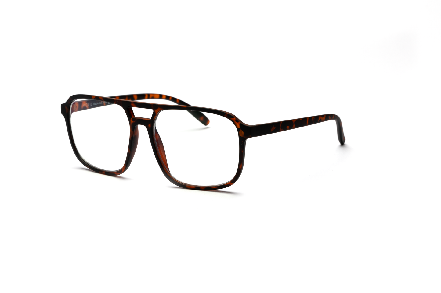 Men’s square aviator reading and blue light glasses in a matte tortoise finish, displayed on a white background. The smooth rubberized texture and structured shape give the frame a bold, modern, and masculine look.