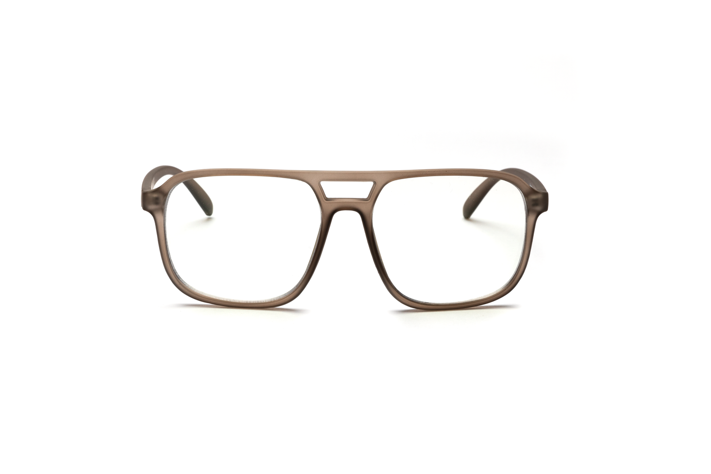 Men’s square aviator reading and blue light glasses in a matte brown finish, displayed on a white background. The smooth rubberized texture and structured shape give the frame a bold, modern, and masculine look.