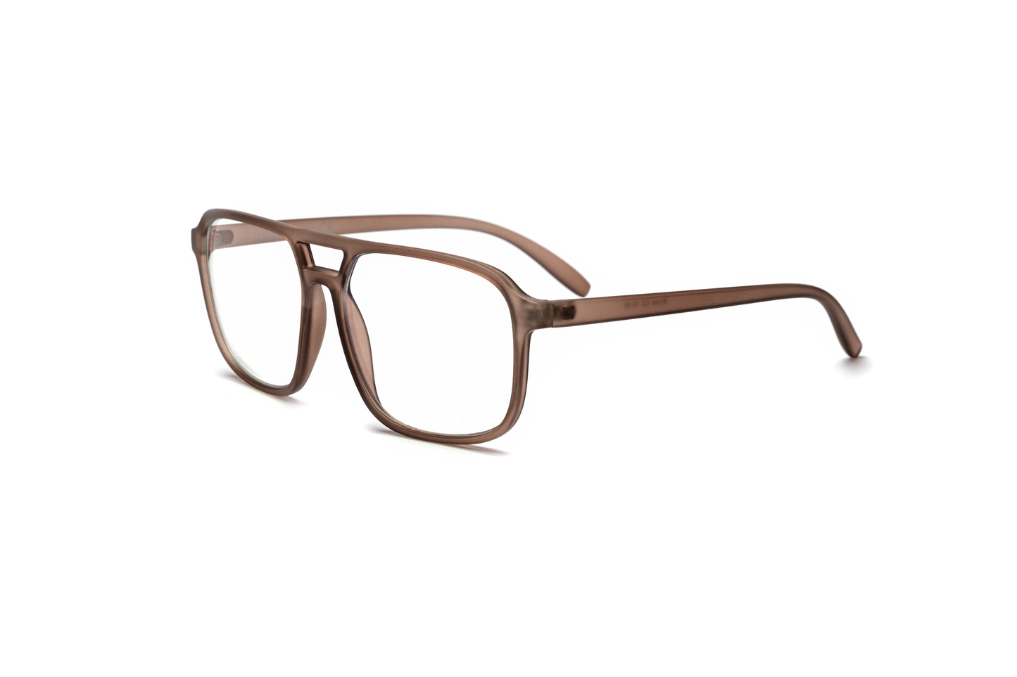 Men’s square aviator reading and blue light glasses in a matte brown finish, displayed on a white background. The smooth rubberized texture and structured shape give the frame a bold, modern, and masculine look.