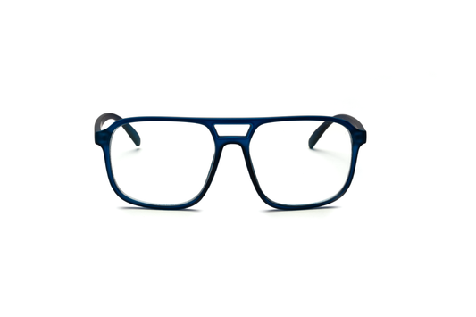 Men’s square aviator computer and reading glasses in a matte blue finish, displayed on a white background. The smooth rubberized texture and bold frame design create a modern, masculine look — perfect for screen time or everyday wear.