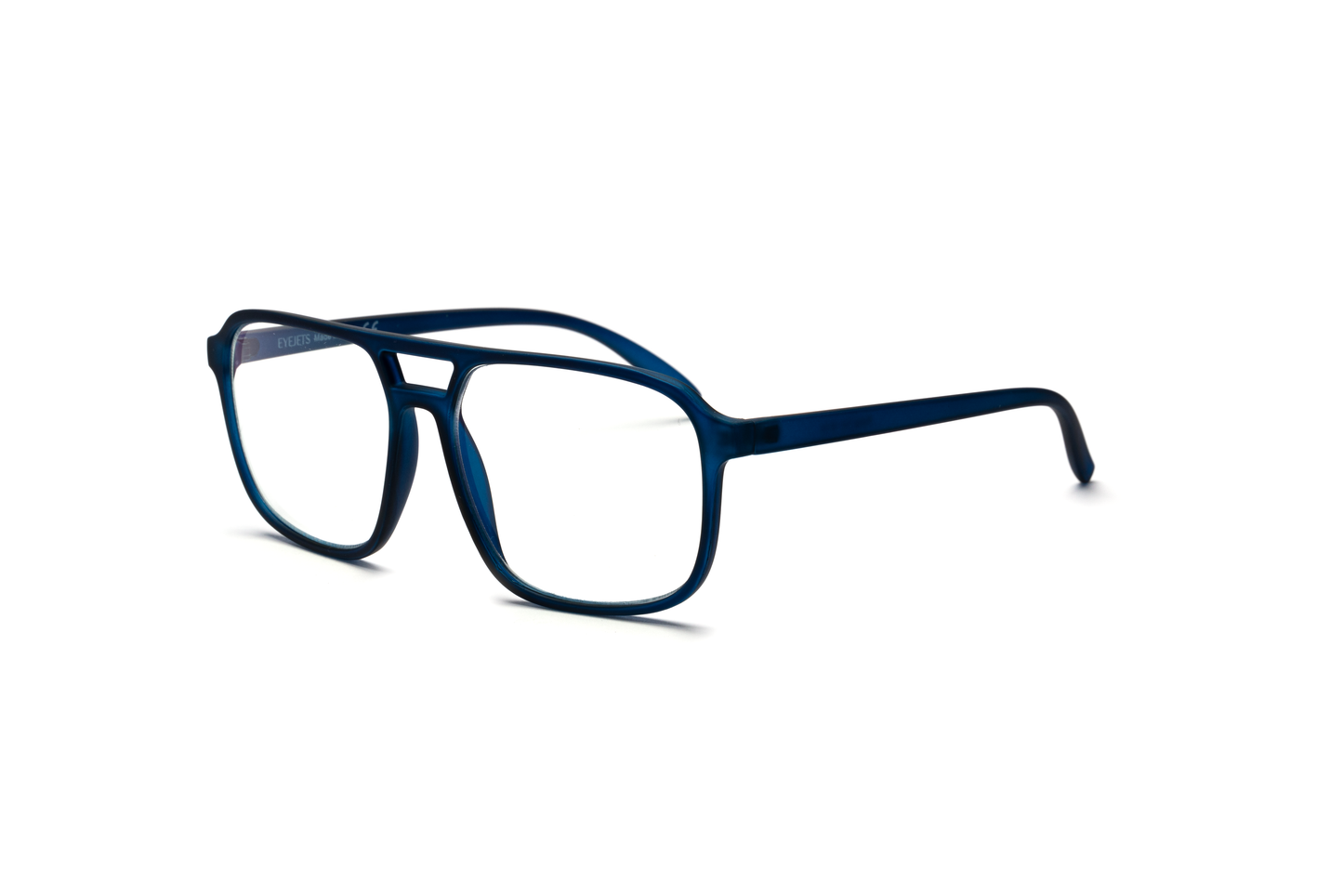 Men’s square aviator computer and reading glasses in a matte blue finish, displayed on a white background. The smooth rubberized texture and bold frame design create a modern, masculine look — perfect for screen time or everyday wear.