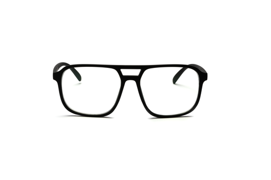 Men’s square aviator reading and computer glasses in a matte black finish, shown on a white background. The rubberized texture and strong lines give the frame a sleek, masculine look that’s perfect for screen time or daily wear.