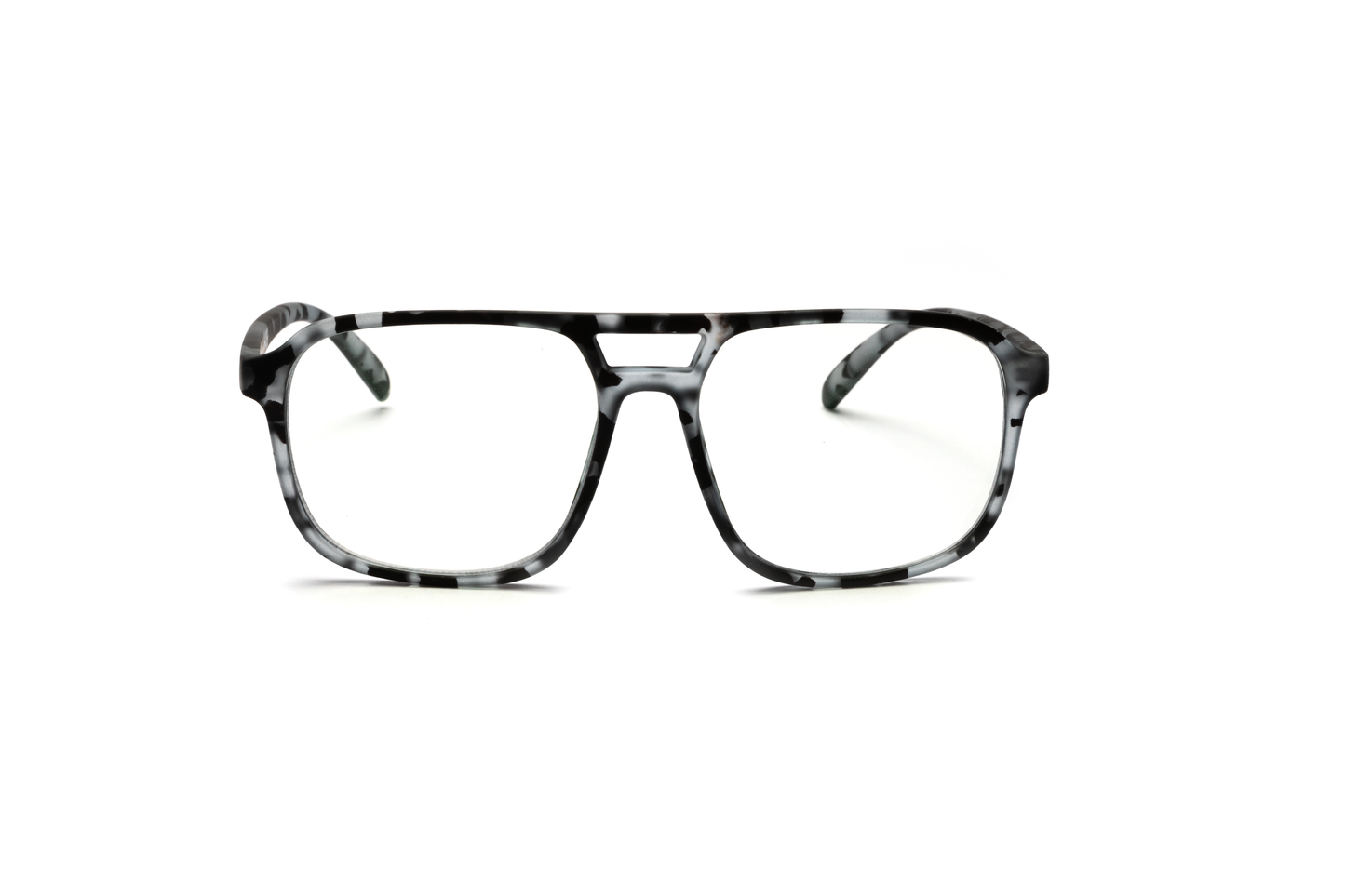 Men’s square aviator reading and computer glasses in a matte gray tortoise finish, displayed on a white background. The mix of gray and tortoise tones with a rubberized matte texture gives the frame a refined, masculine, and contemporary look.
