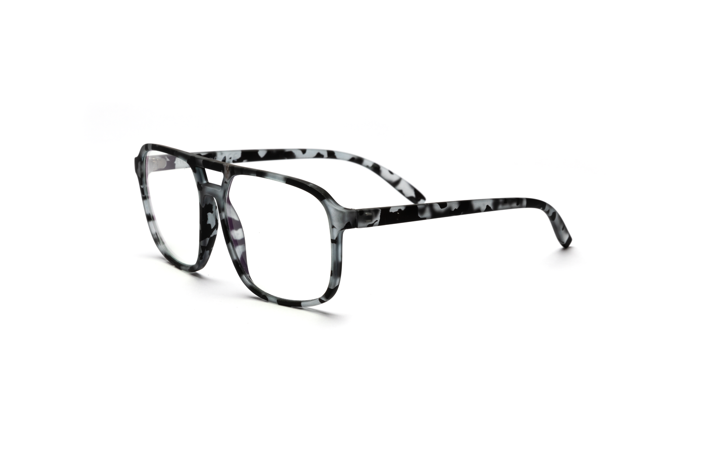 Men’s square aviator reading and computer glasses in a matte gray tortoise finish, displayed on a white background. The mix of gray and tortoise tones with a rubberized matte texture gives the frame a refined, masculine, and contemporary look.