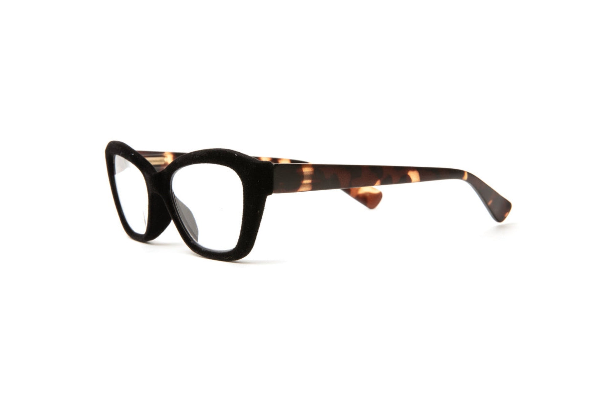 black velvet cateye reading glasses for women with matte tortoise temples
