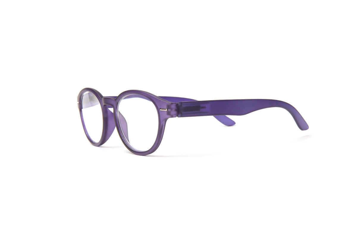 Matte purple round funky cool designer reading glasses for women by Eyejets
