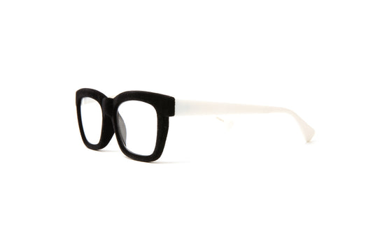 black velvet designer reading glasses for women with matte white temples