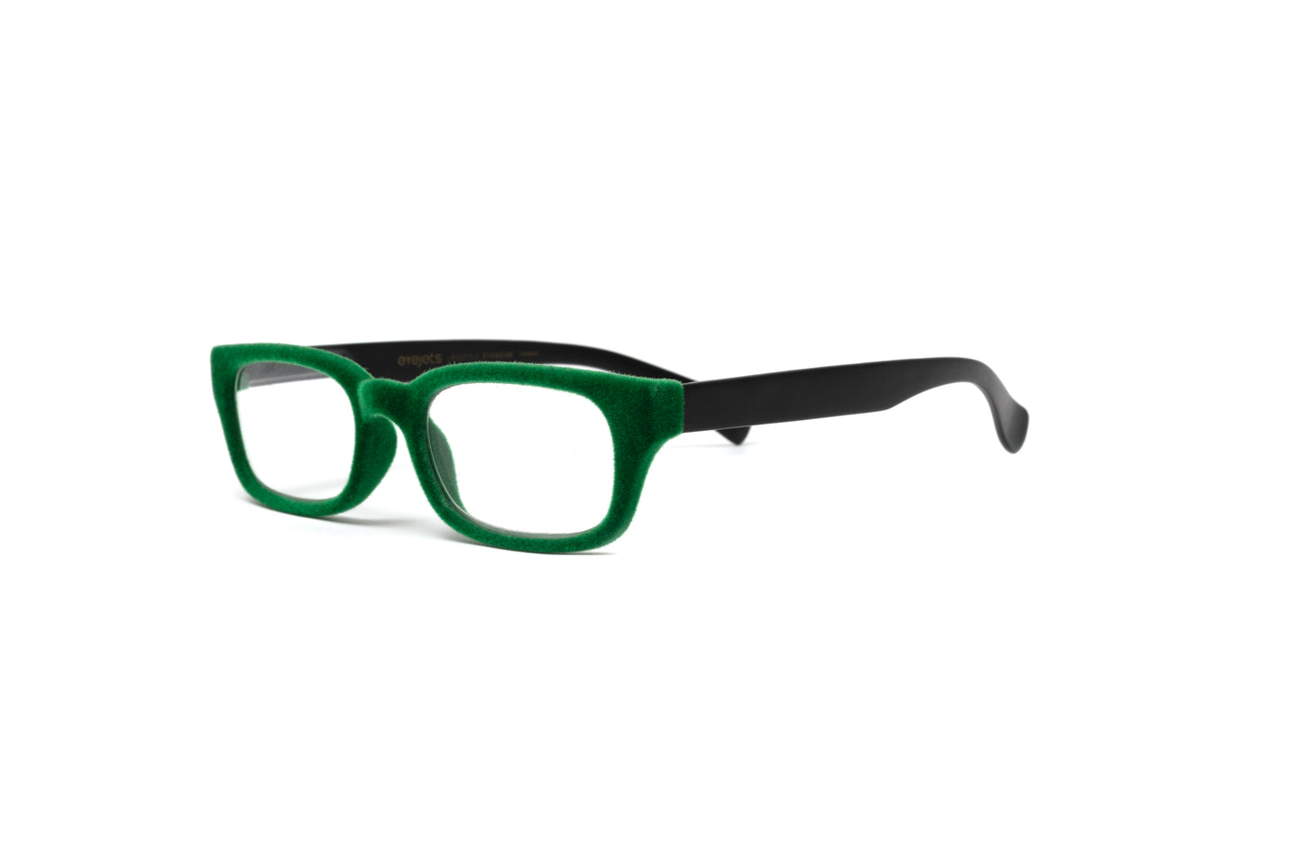 Green velvet rimmed reading glasses with matte black temples by Eyejets