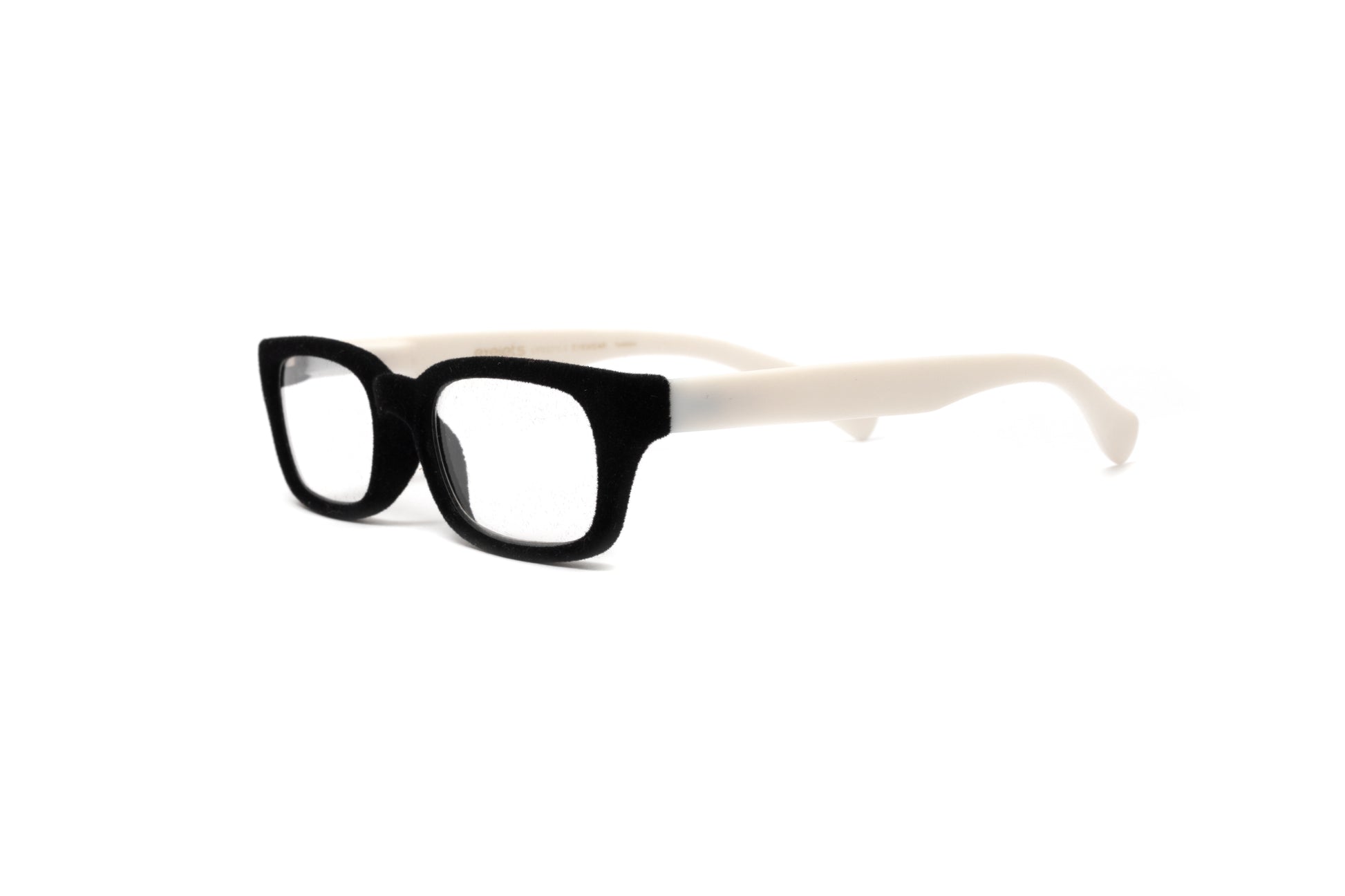 Black velvet rimmed reading glasses with matte white temples for women by Eyejets