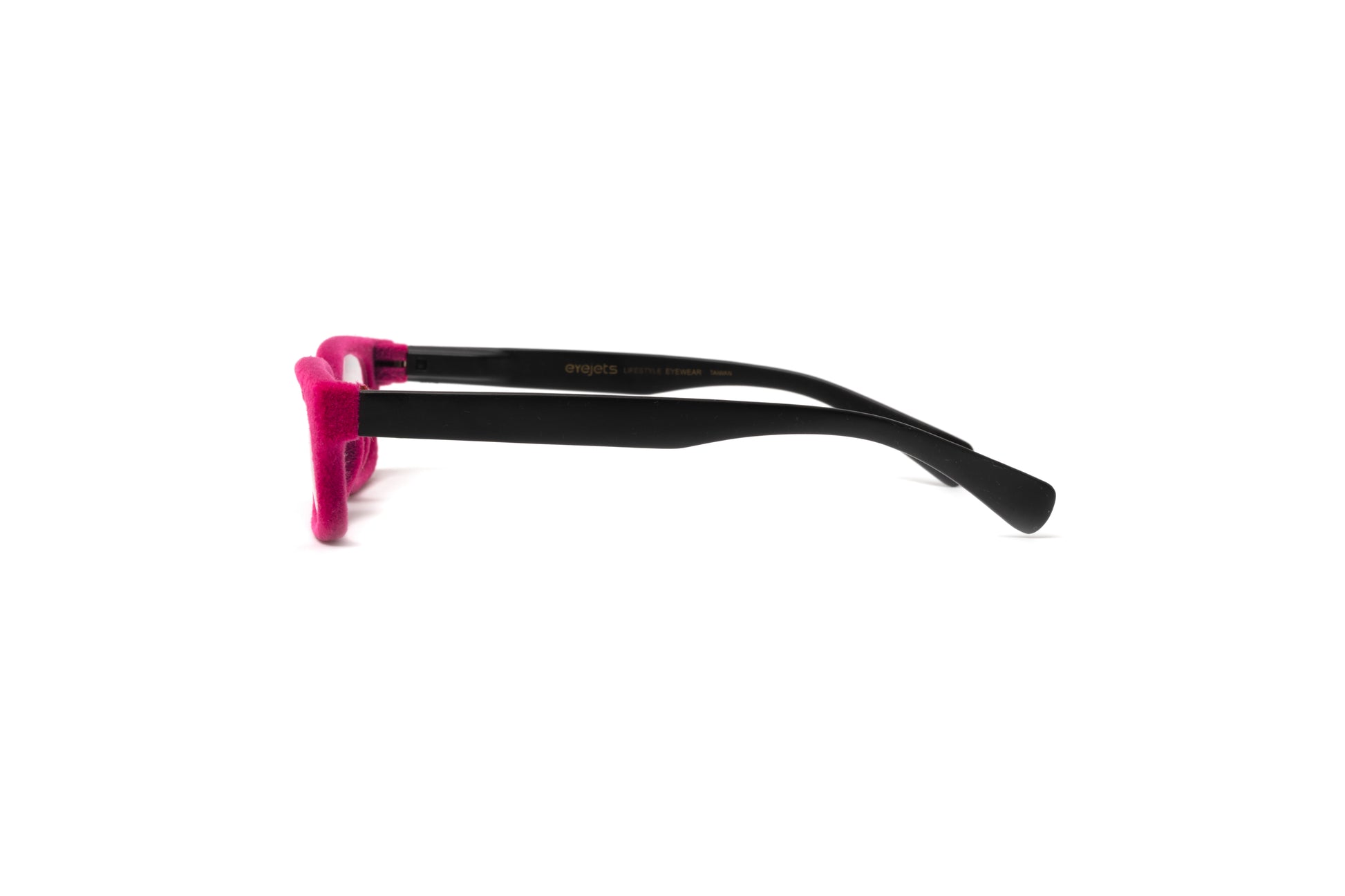 Pink velvet rimmed rectangular reading glasses with matte black temples by Eyejets