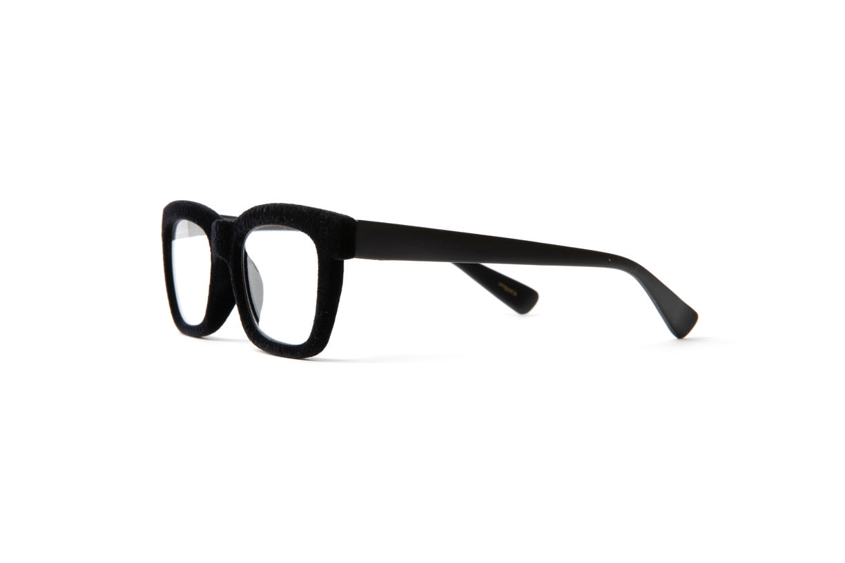 Black square velvet flocked reading glasses, designer magnifying glasses by Eyejets