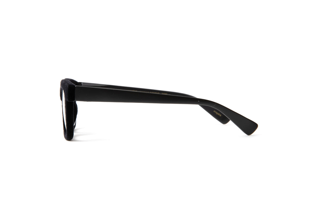 Black square velvet flocked reading glasses, designer magnifying glasses by Eyejets