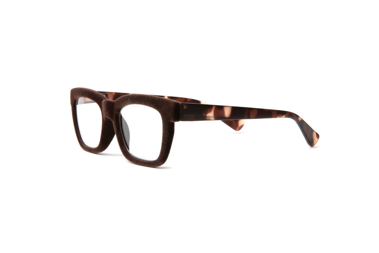 Brown velvet rimmed quality reading glasses with tortoise temples by eyejets