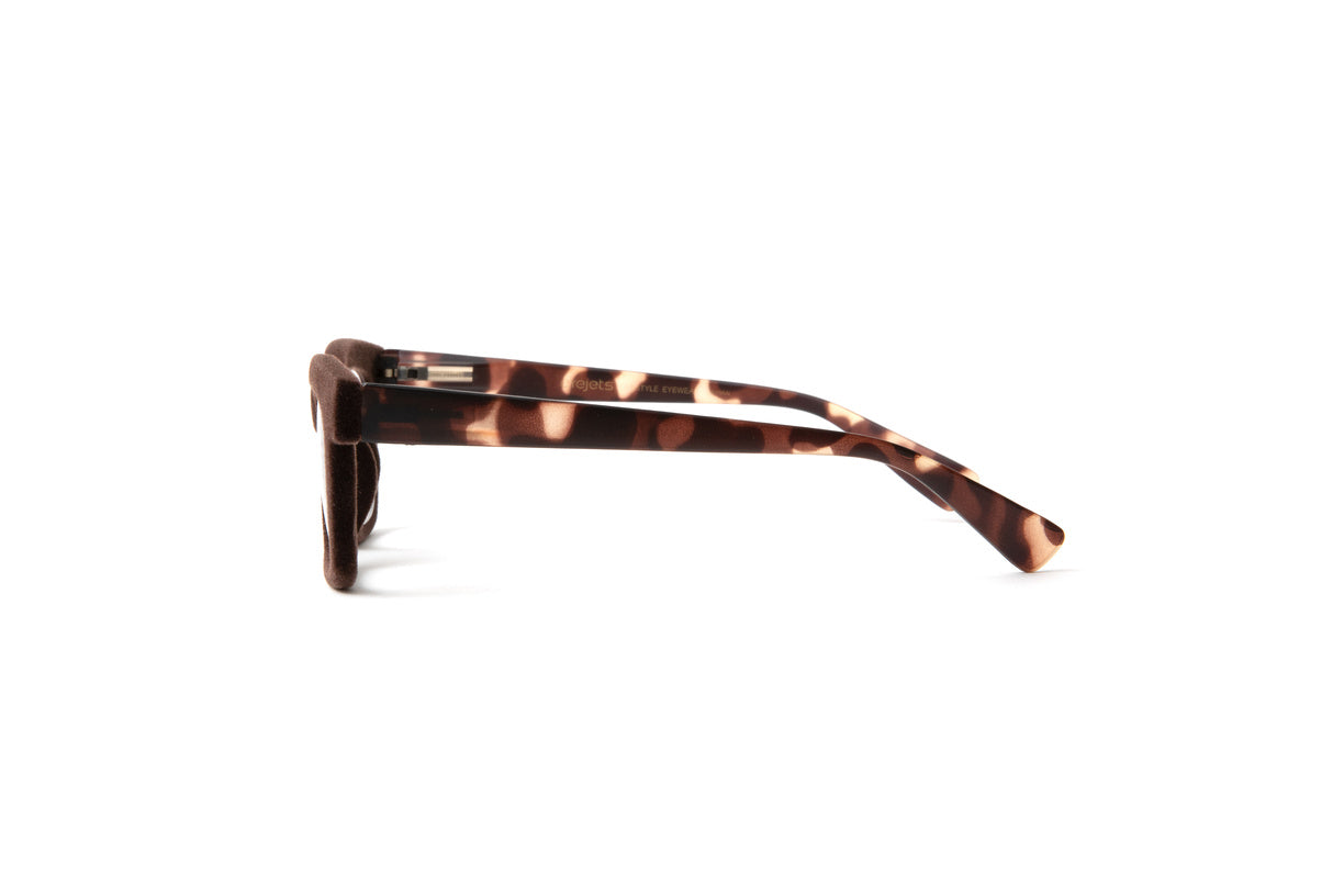Brown velvet rimmed quality reading glasses with tortoise temples by eyejets