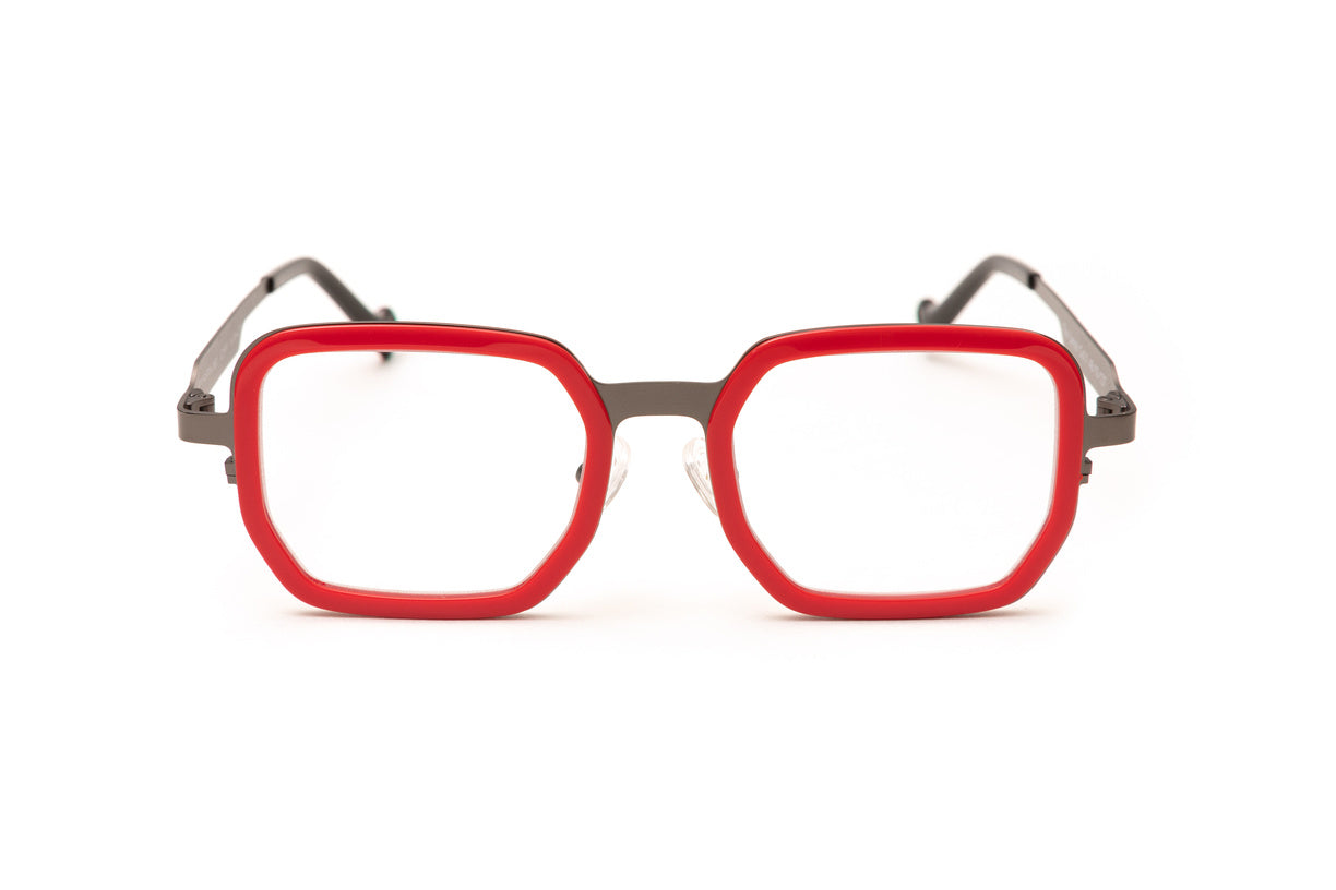 Red and gunmetal square designer reading glasses, blue light glasses and prescription eyeglasses