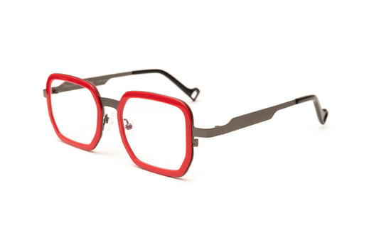 Red and gunmetal square designer reading glasses, blue light glasses and prescription eyeglasses