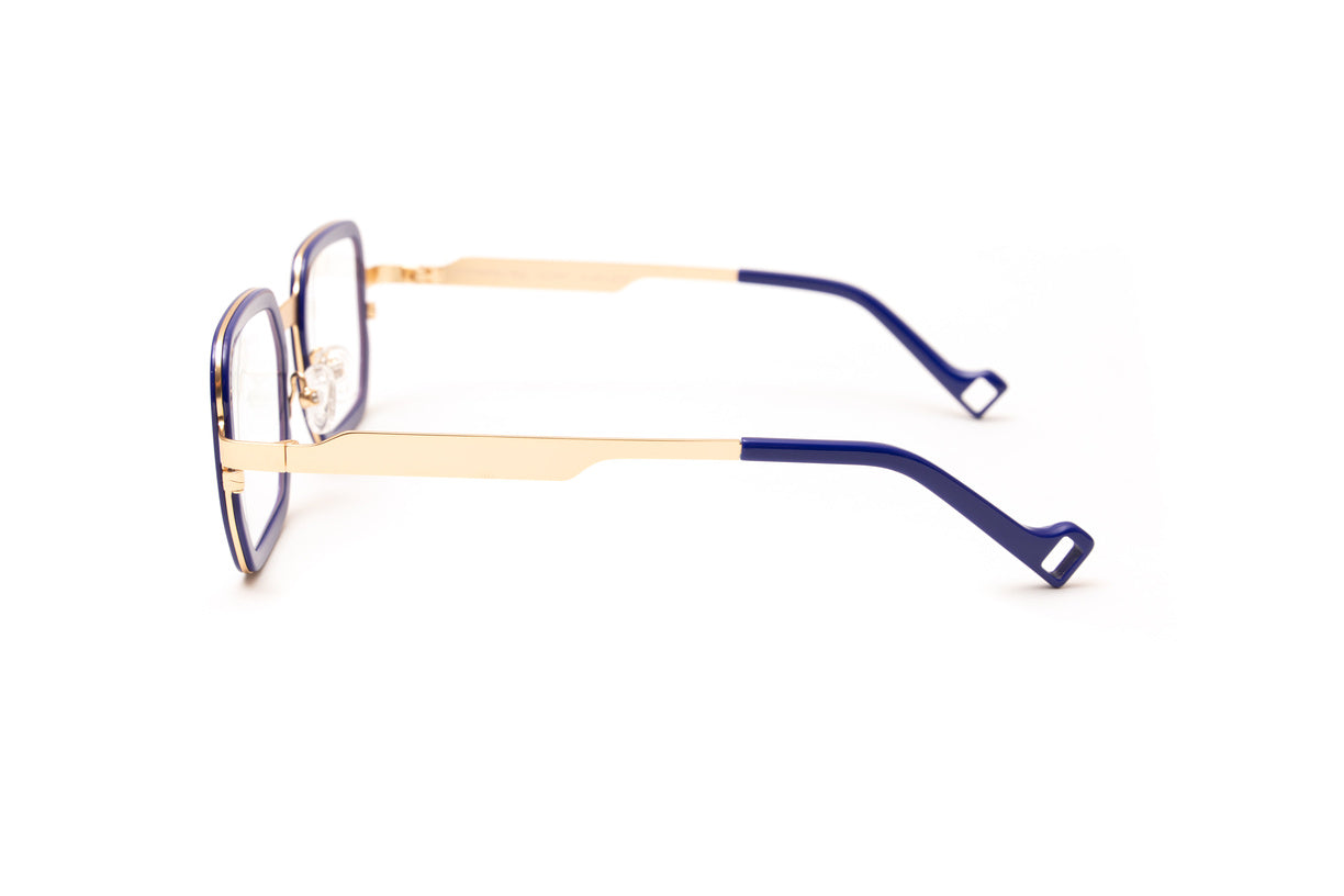 Navy blue and rose gold metal square designer reading glasses with blue light blocking lenses for men and women
