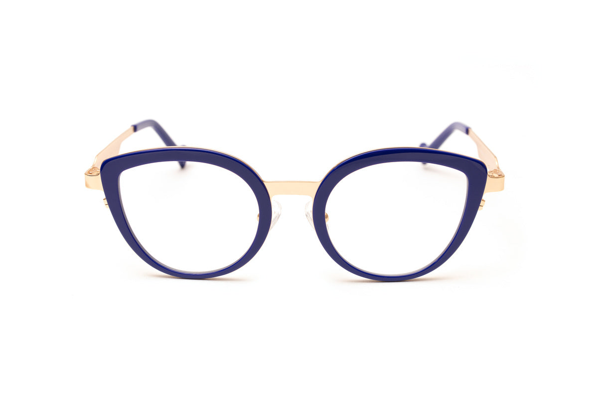 Blue & rose gold metal cateye designer blue light reading glasses, optical quality glasses