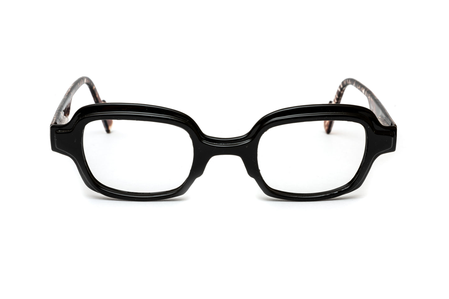 Square funky unisex reading glasses featuring a bold black frame with vibrant animal print accents, showcasing a unique and playful design