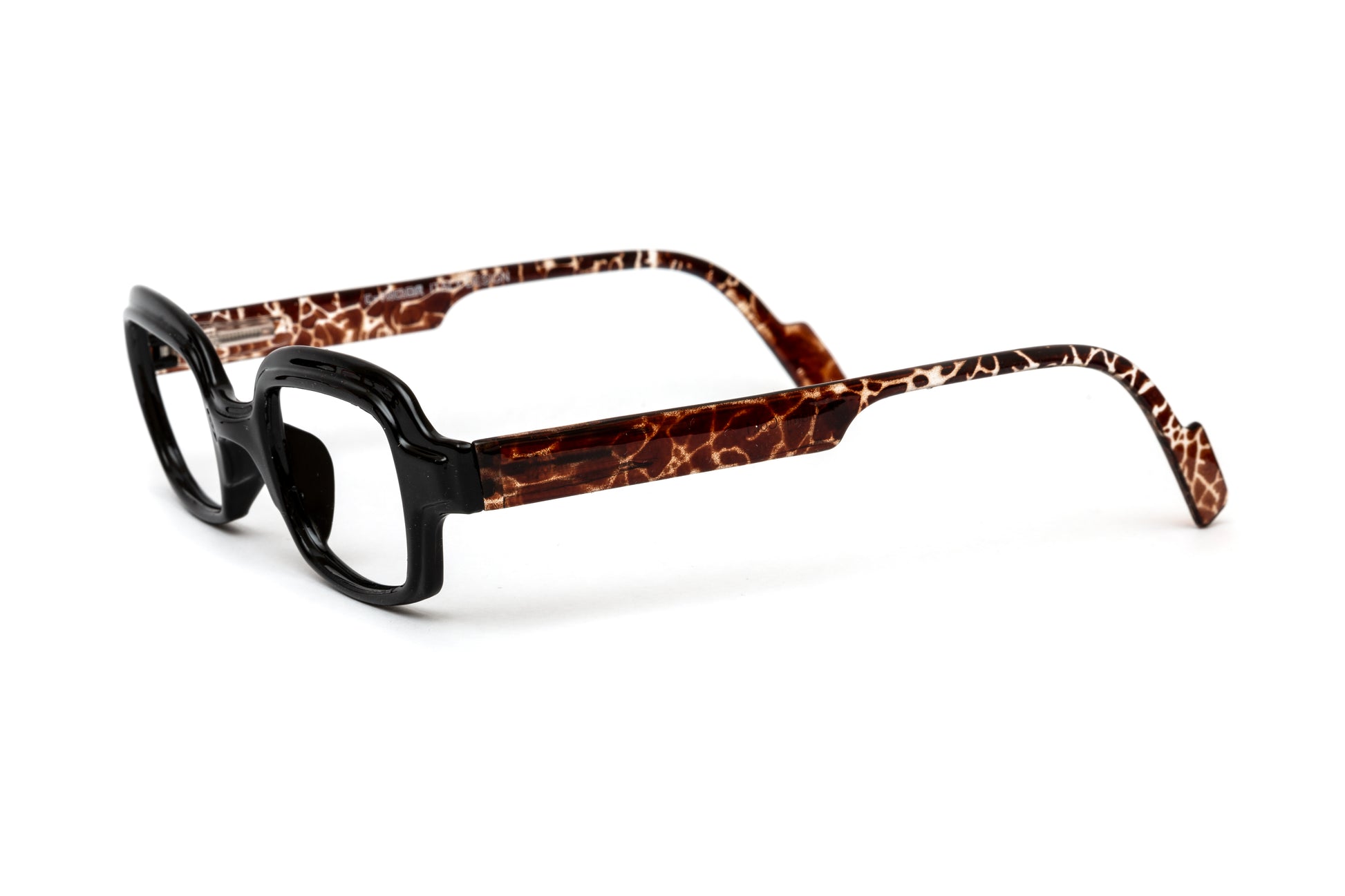 Square funky unisex reading glasses featuring a bold black frame with vibrant animal print accents, showcasing a unique and playful design