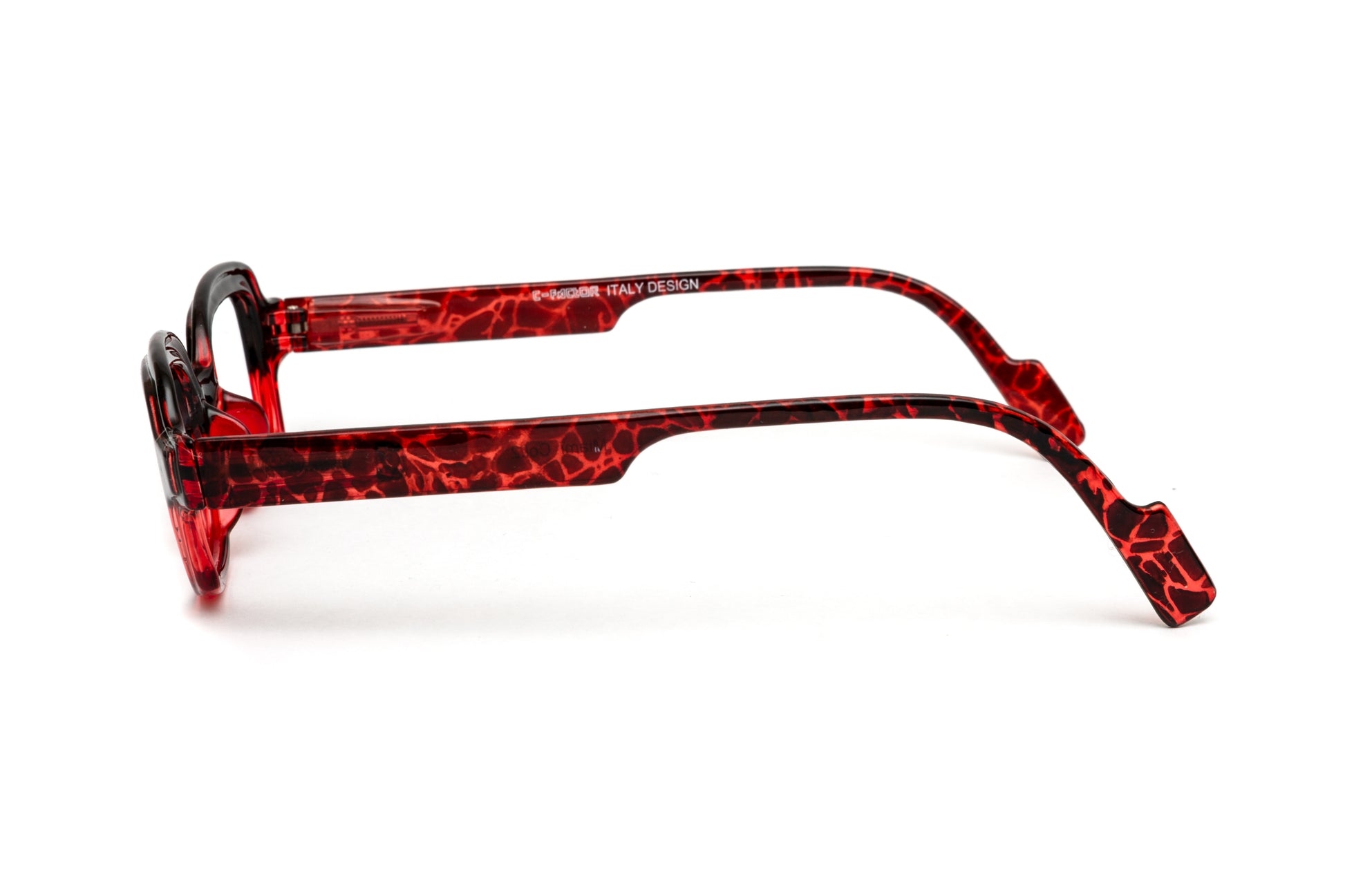 Square funky unisex reading glasses in striking red with stylish animal print details. These designer reading glasses feature a contemporary frame, blending bold colors and trendy patterns, perfect for fashion-forward individuals seeking a unique accessory for reading and everyday wear