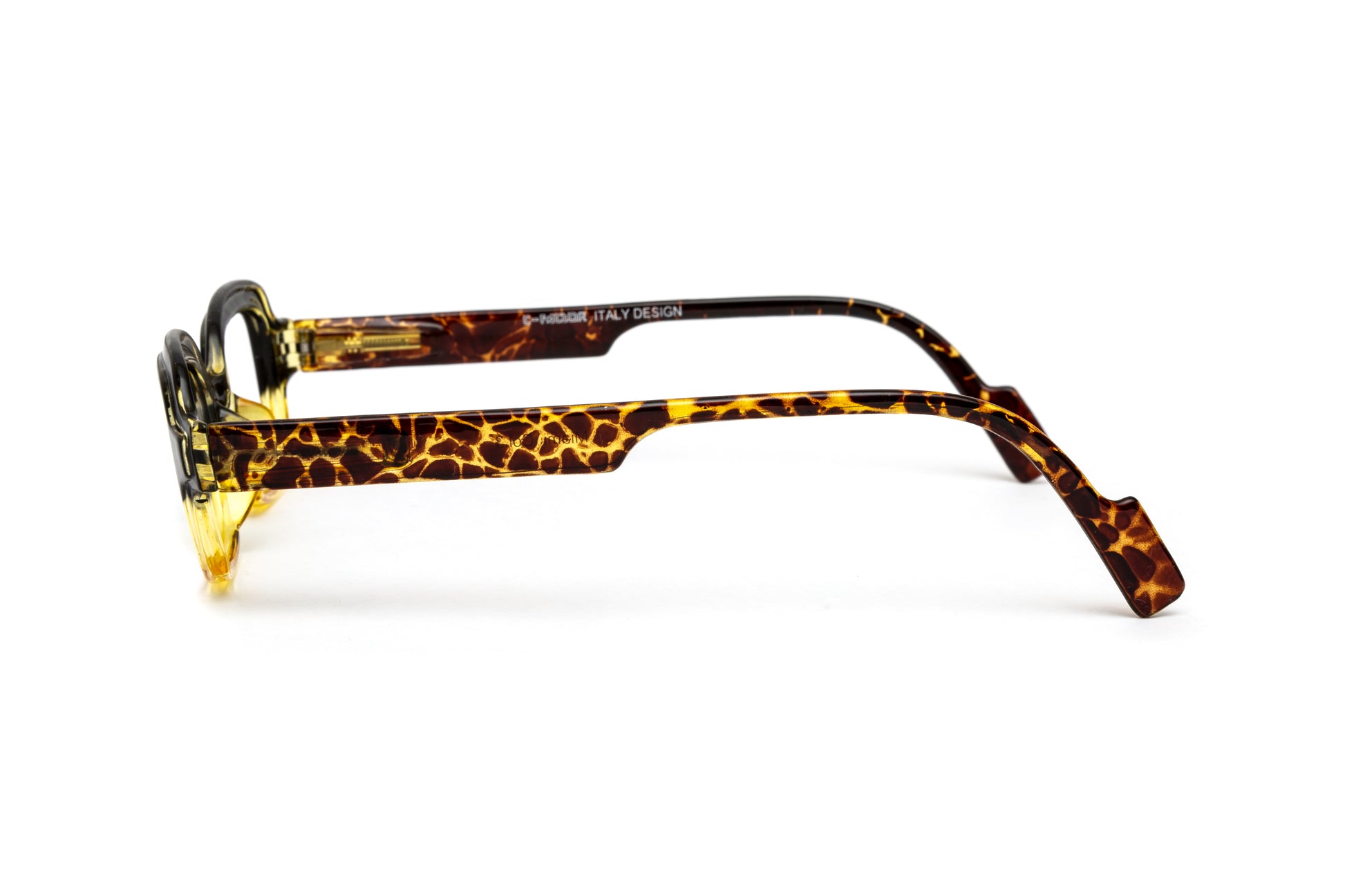 Square funky unisex reading glasses in striking yellow with stylish animal print details. These designer reading glasses feature a contemporary frame, blending bold colors and trendy patterns, perfect for fashion-forward individuals seeking a unique accessory for reading and everyday wear