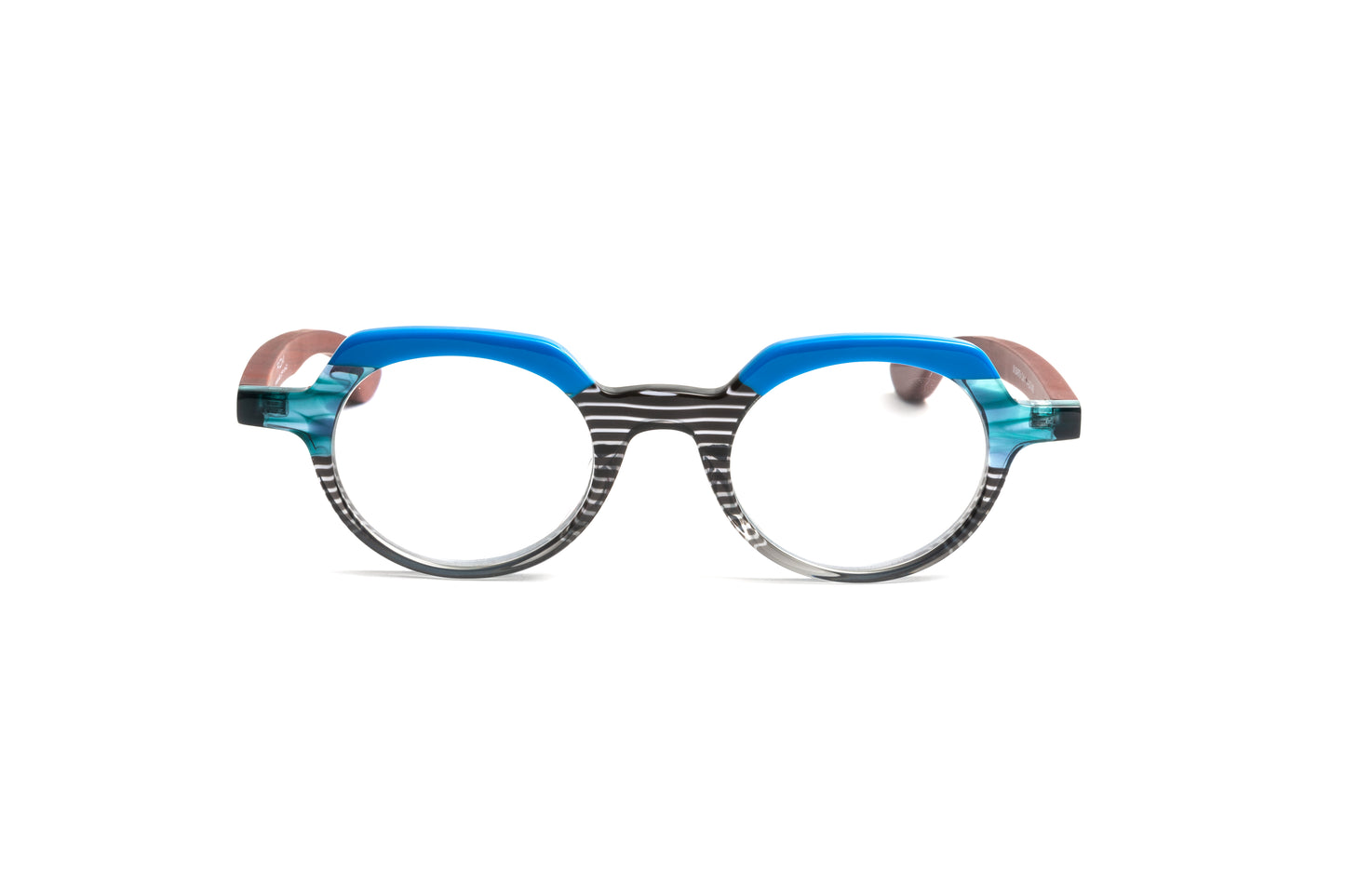 St Barths multi colored blue, aqua, black, and clear unisex round reading glasses with cherry wood temples by Eyejets