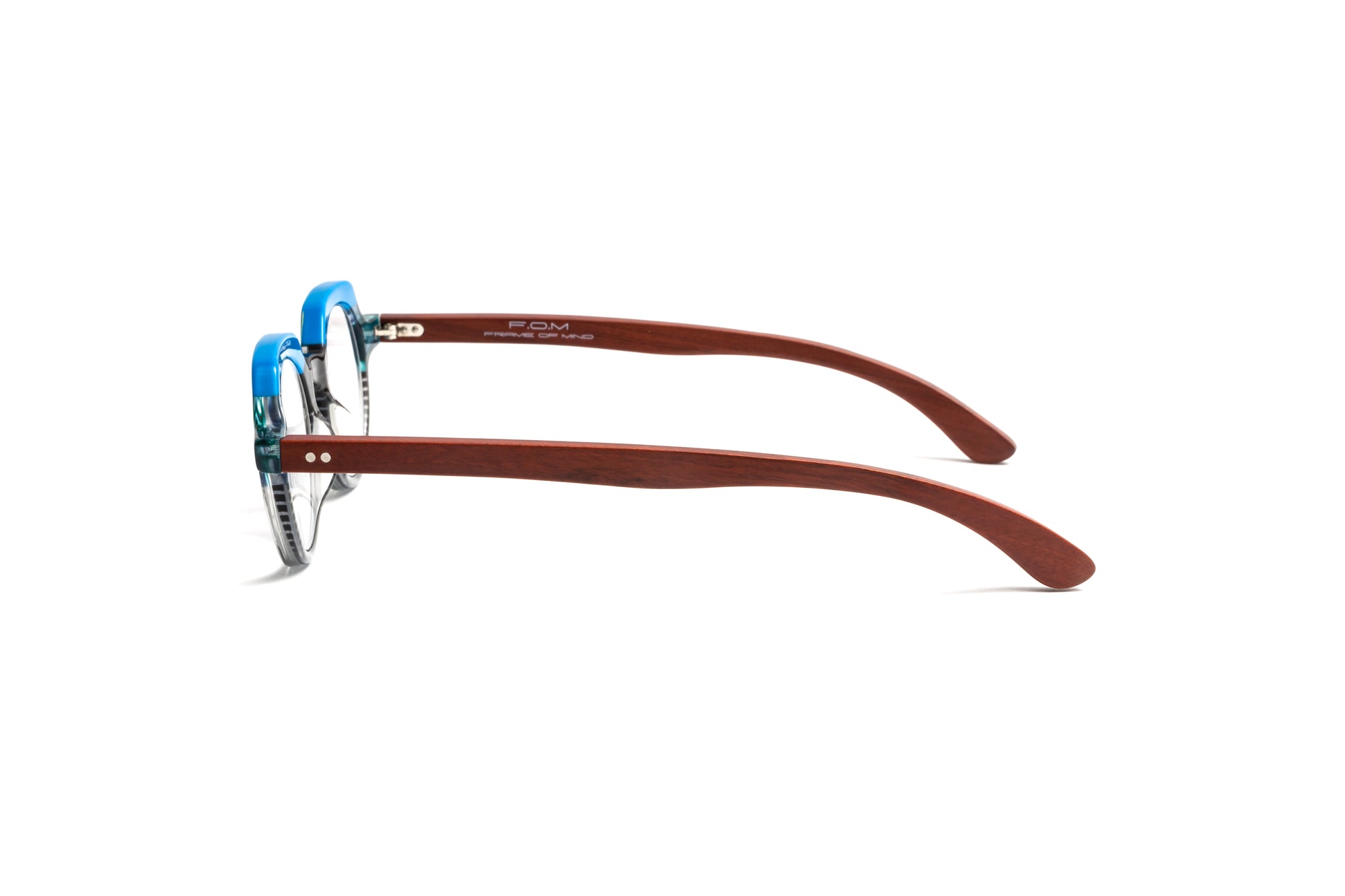 St Barths multi colored blue, aqua, black, and clear unisex round reading glasses with cherry wood temples by Eyejets