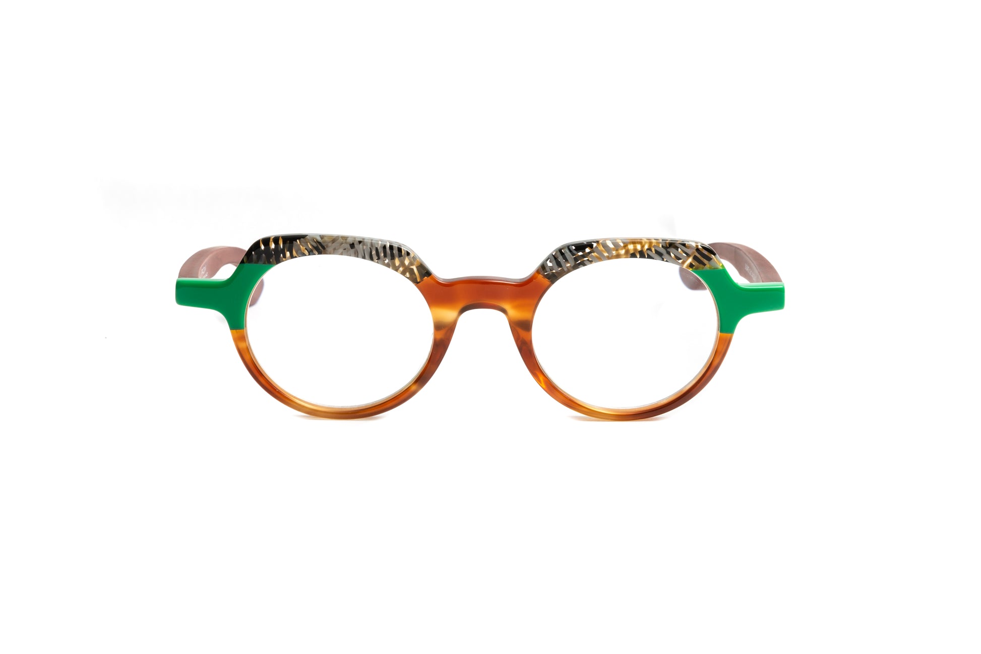 St Barths round unisex reading glasses with a multi color green, tortoise, brown acetate frame and cherry wood temples by Eyejets