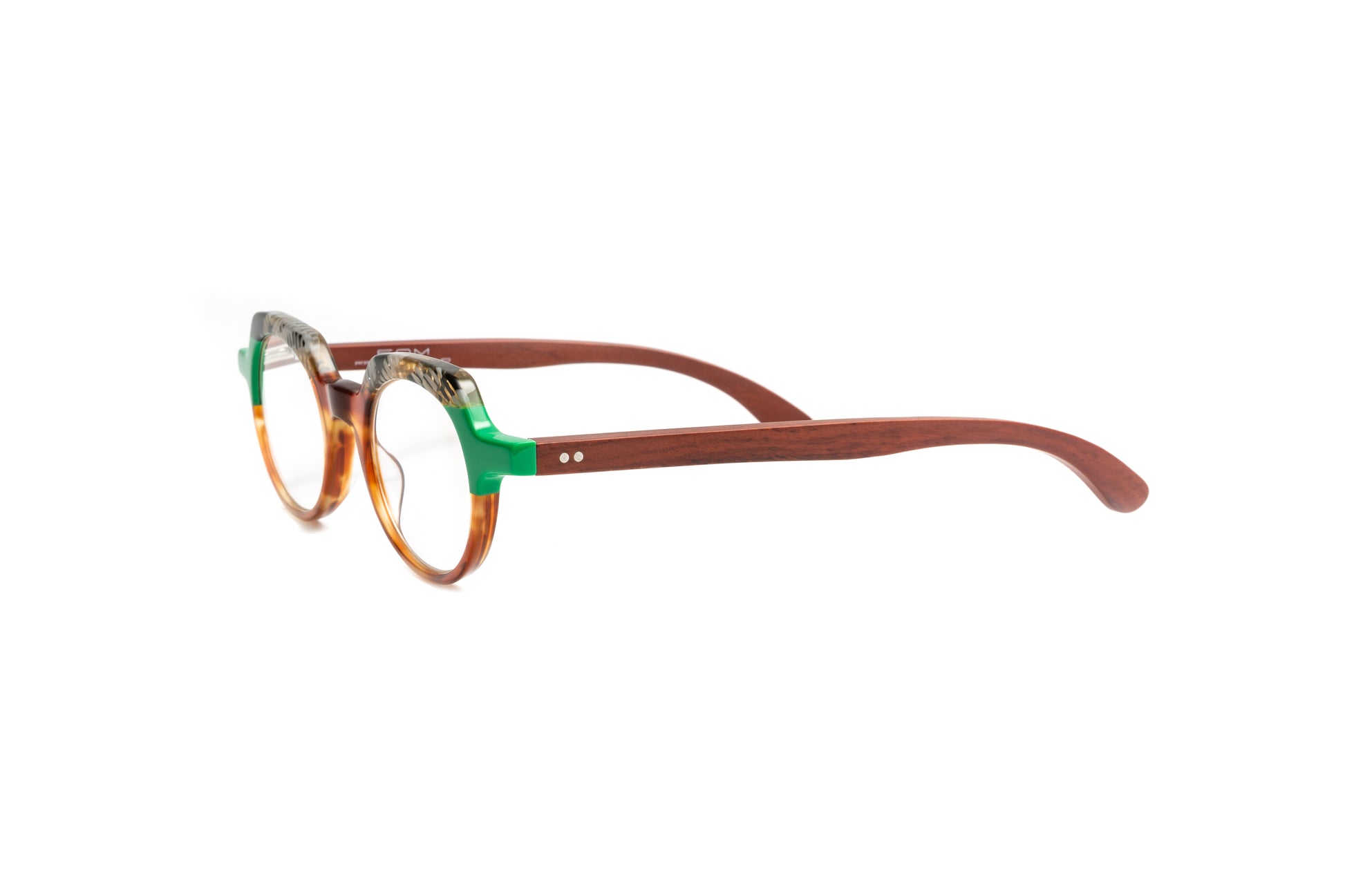St Barths round unisex reading glasses with a multi color green, tortoise, brown acetate frame and cherry wood temples by Eyejets
