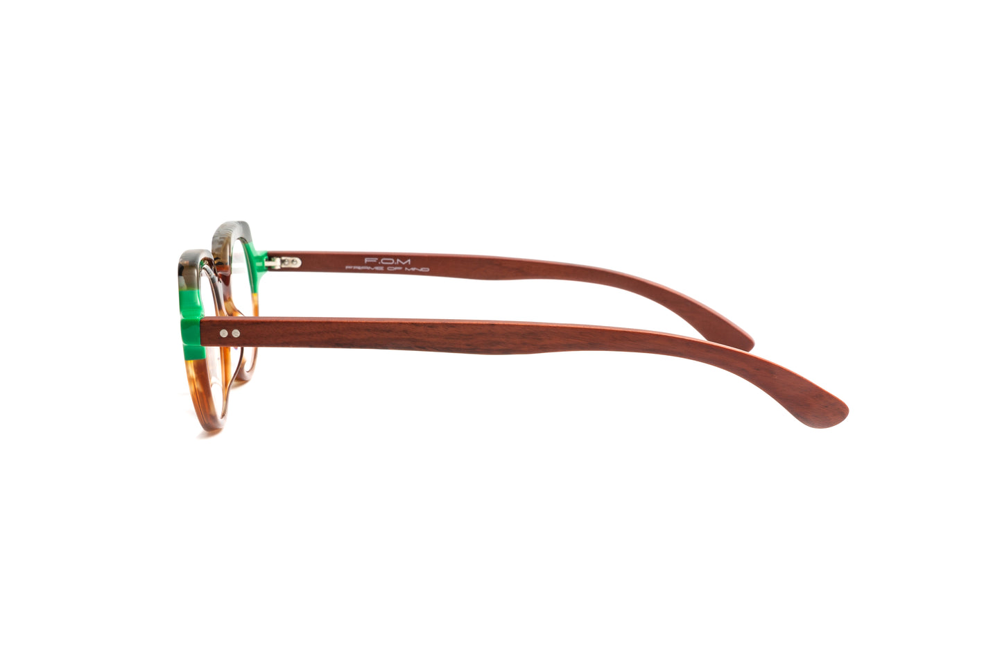 St Barths round unisex reading glasses with a multi color green, tortoise, brown acetate frame and cherry wood temples by Eyejets