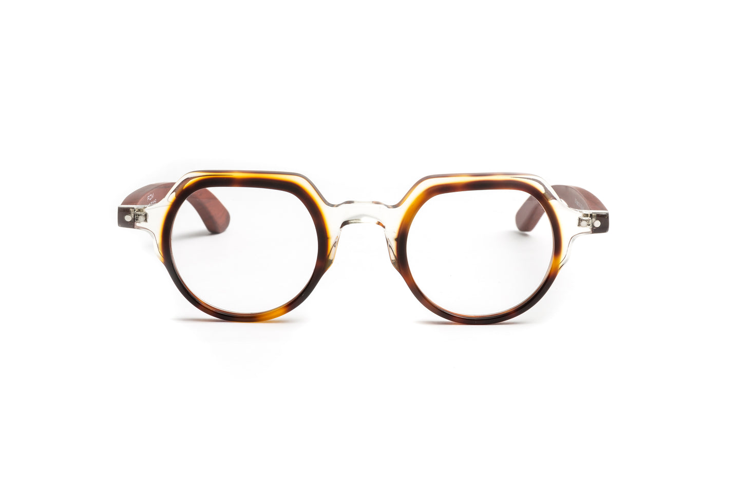 St Tropez round unisex reading glasses with a tortoise and clear frame and cherry wood temples by Eyejets