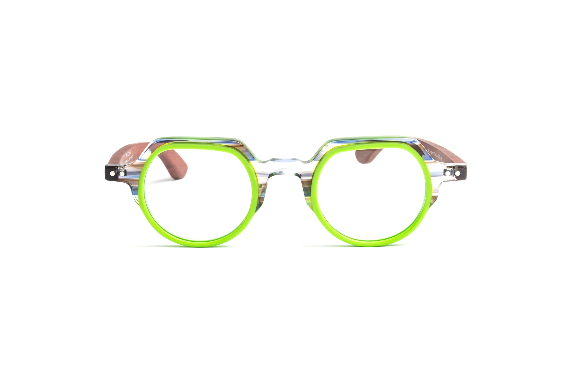St. Tropez round unisex green and clear reading glasses with cherry wood temples by Eyejets